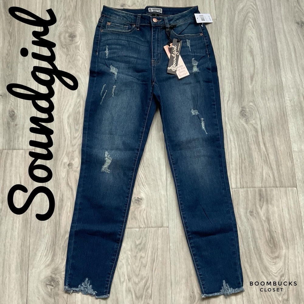 Soundgirl Juniors Retro High Rise Destructed Skinny Jeans with Frayed Hem